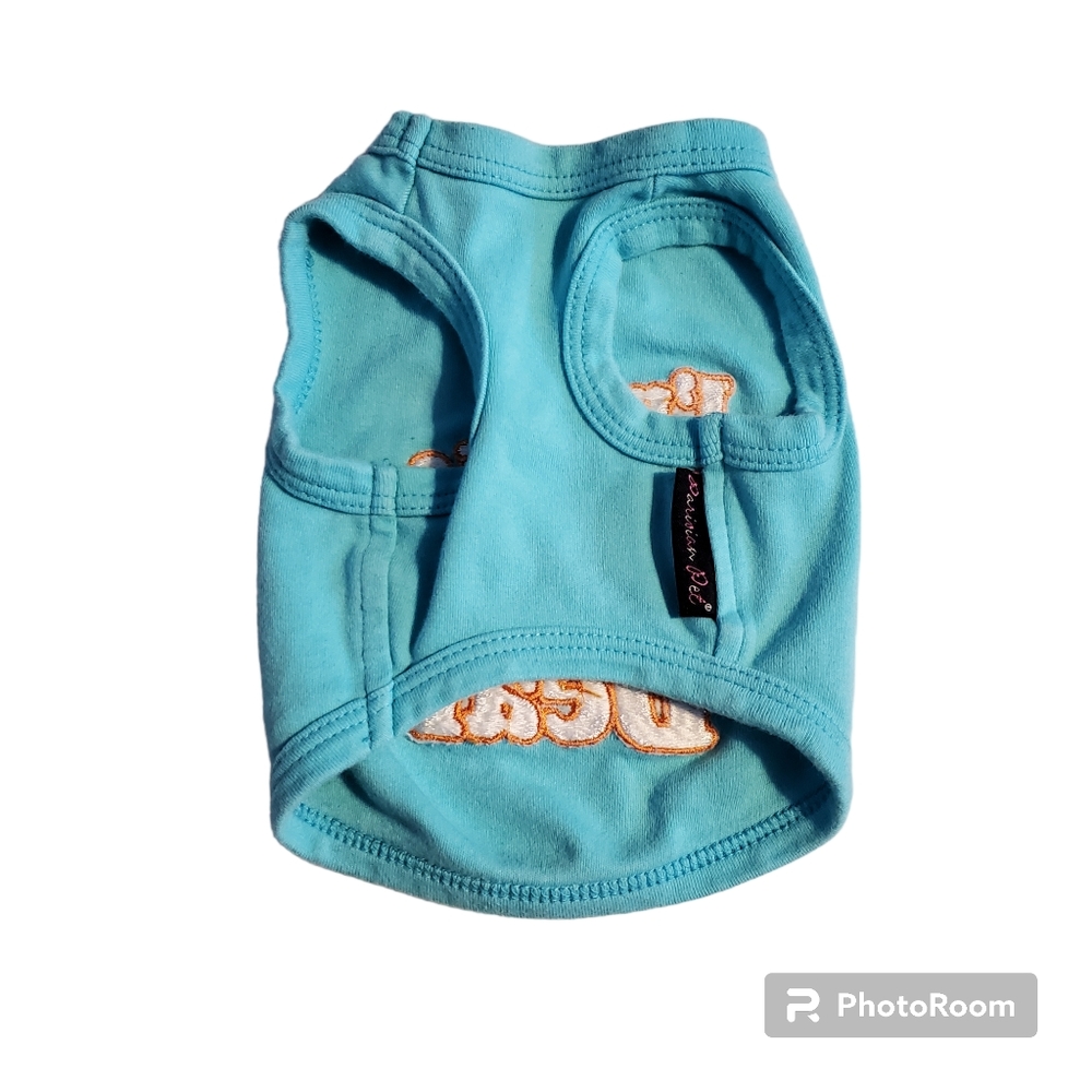 Small Dog Blue T-Shirt With Orange Lettering - Picture 2 of 6